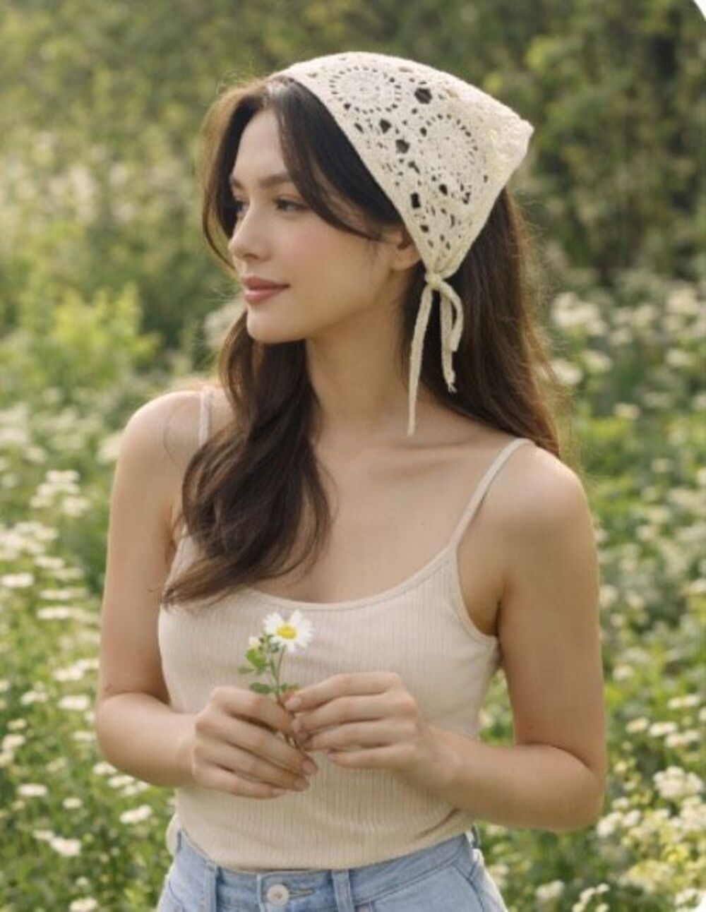 Boho Crochet Triangle Head Scarf Bandana Ivory Tie Back